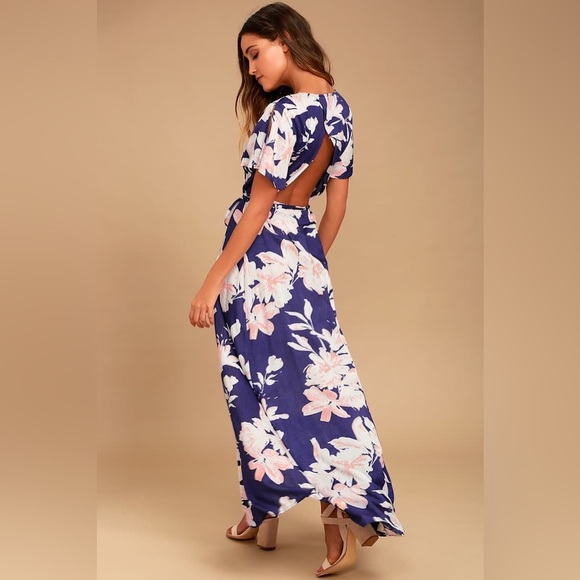 Lulus Azalea Regalia Navy Blue Floral Print Wrap Women's Maxi Dress XS - Picture 2 of 16